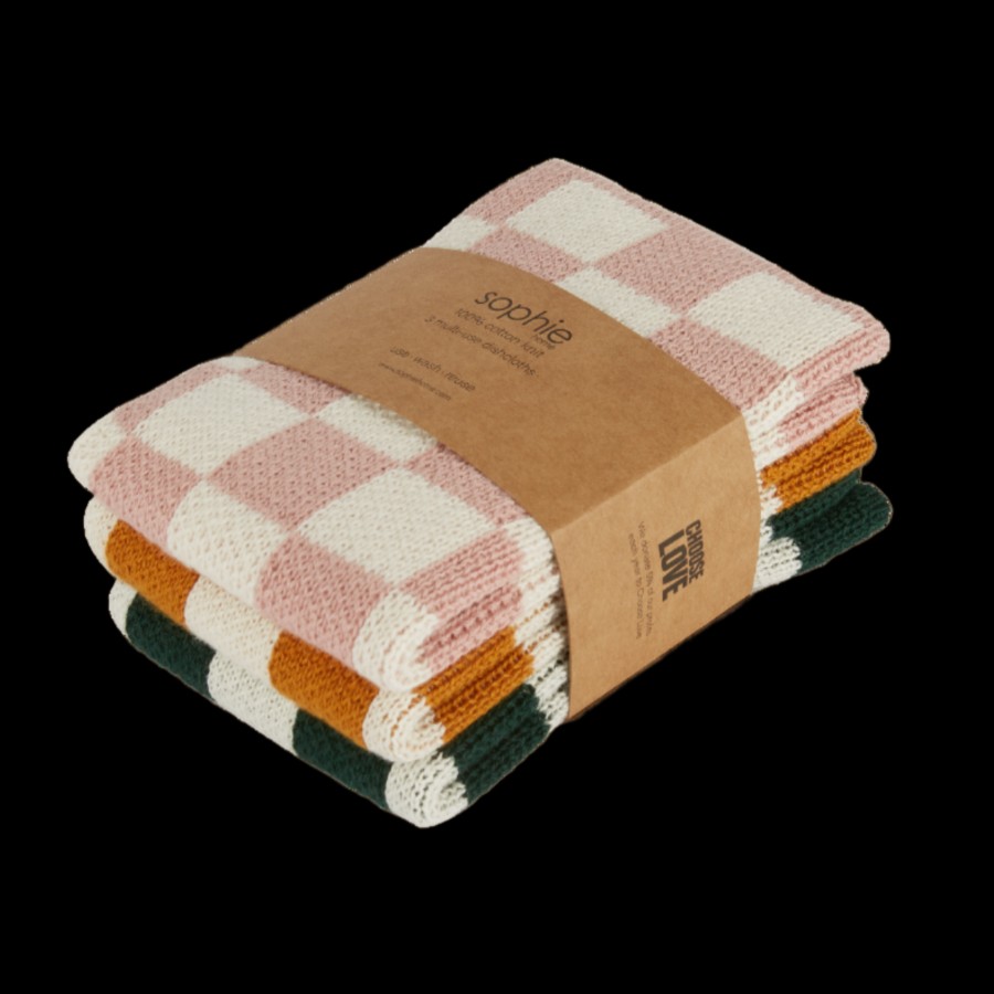 Bode Living Set Of 3 Cotton Knit Dishcloths - Pink Check Gifts For Couples