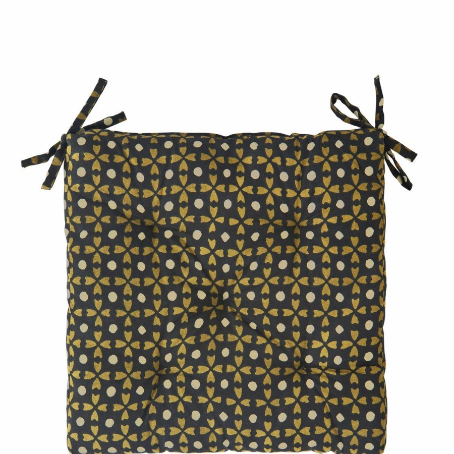 Bode Living Printed Cotton Seat Pad - Black, Mustard & Sand Cushions